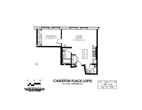 Floor plan for 1 bed, 1 bath, 756 sqft